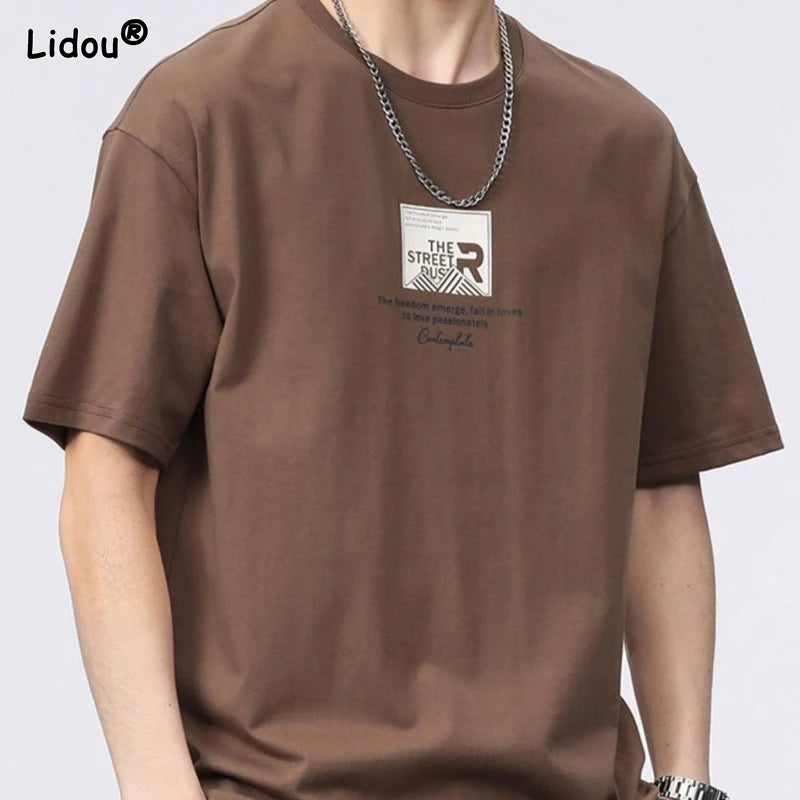 Roupas masculinas manga curta impressão generosa simplicidade bonito em torno do pescoço pullovers solto cor sólida moda casual camisetas