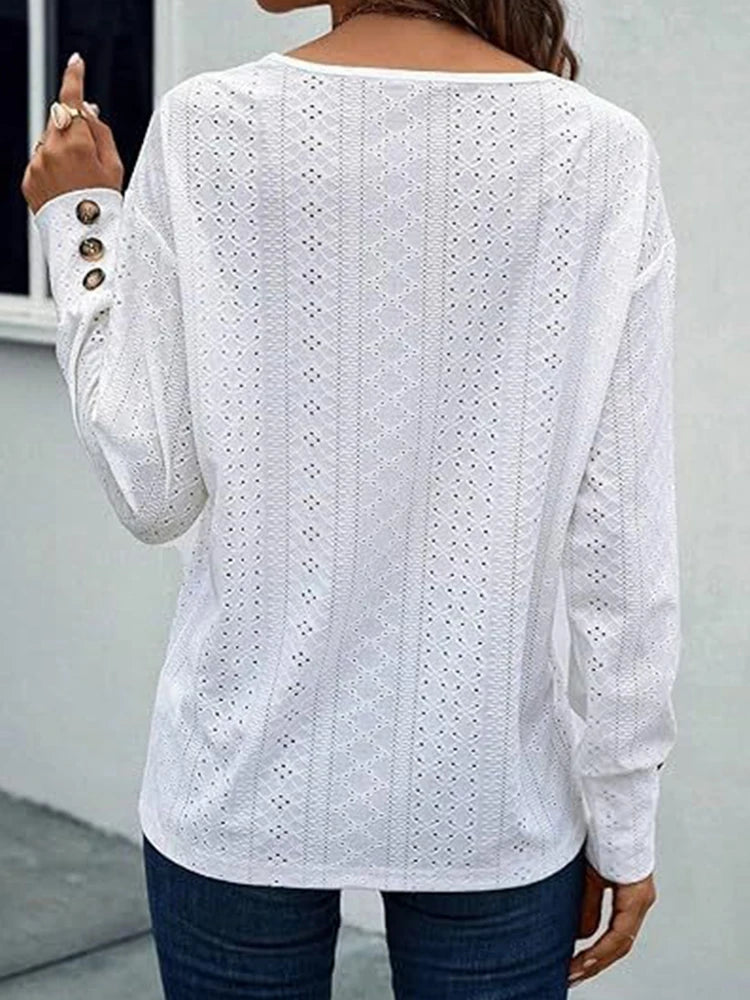 Outono mulher casual decote em v manga longa jumpers solto senhoras cor sólida rendas pullovers feminino oco para fora botões roupas sexy