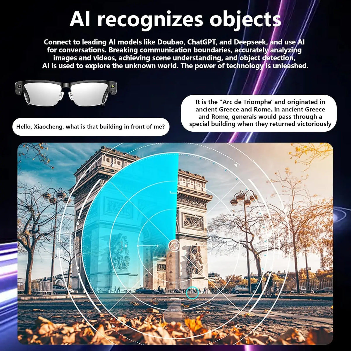 AI Smart Glasses with 1080P Camera, 8MP HD Camera Glasses-Anti-Shake Video Recording, Multi Language Translate, Smart Sunglass
