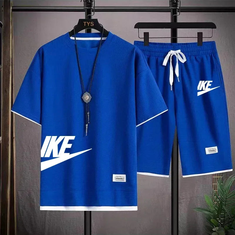 Roupas masculinas de verão, moda respirável, fitness, basquete, esportes, camiseta de manga curta + shorts de corrida, conjunto de duas peças