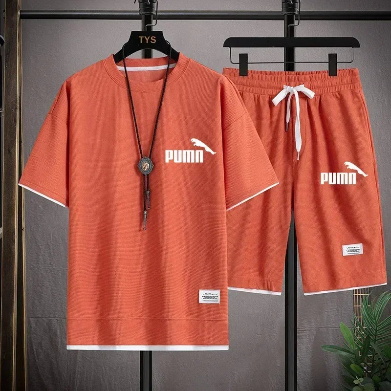 Roupas masculinas joggers define duas peças waffle 2024 verão casual manga curta esportes moda terno para homem roupas de luxo eua
