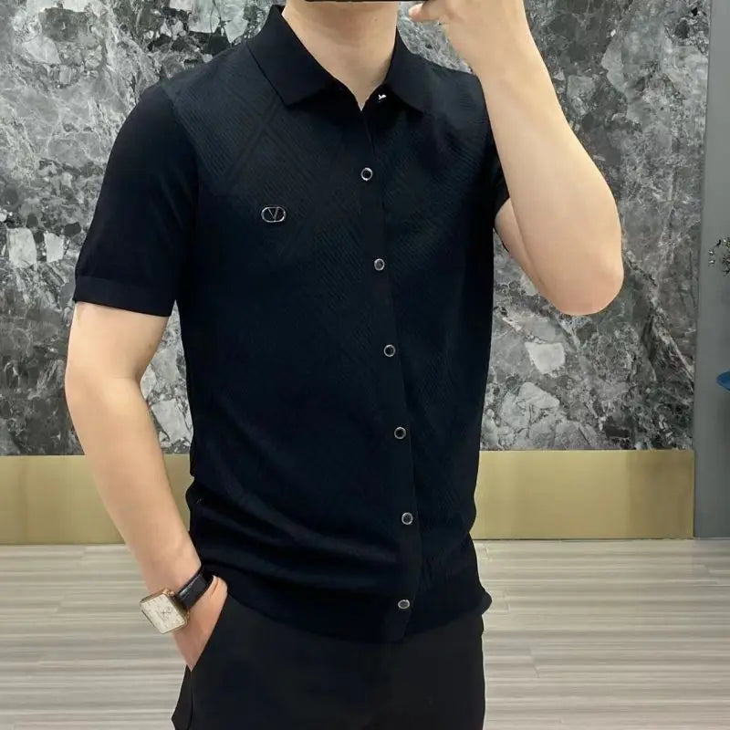 Primavera verão nova casual versátil roupas masculinas moda impressa splice botões simplicidade commuter camisa de manga curta