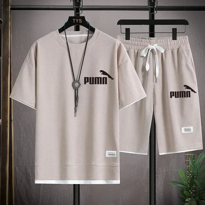 Roupas masculinas joggers define duas peças waffle 2024 verão casual manga curta esportes moda terno para homem roupas de luxo eua