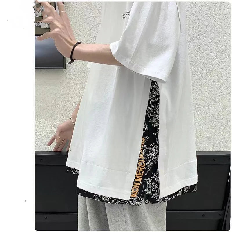 Rua casual moda solta pullovers retalhos camisetas de manga curta homem primavera verão fino com capuz em torno do pescoço roupas masculinas