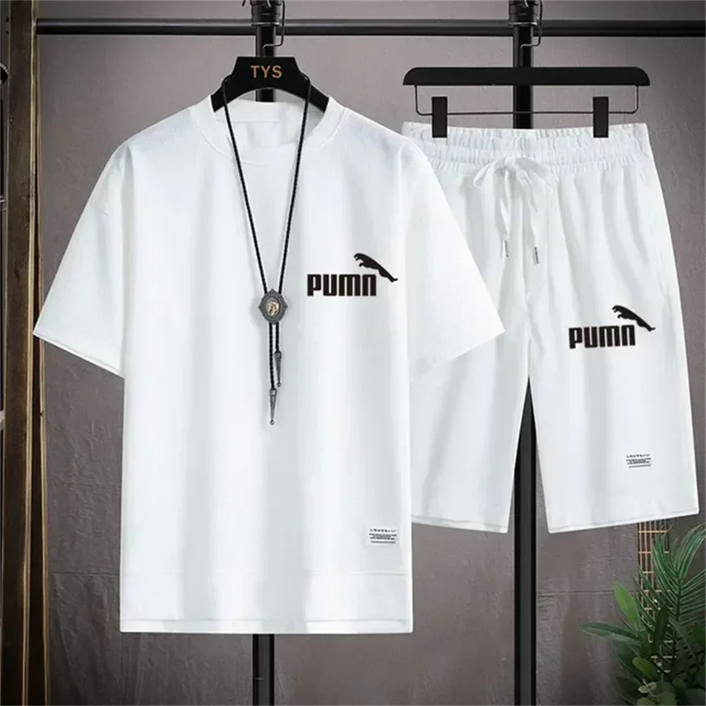 Roupas masculinas joggers define duas peças waffle 2024 verão casual manga curta esportes moda terno para homem roupas de luxo eua