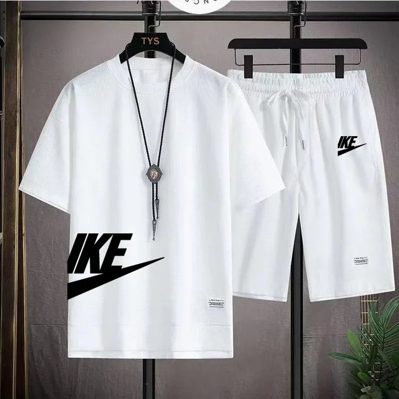 Roupas masculinas de verão, moda respirável, fitness, basquete, esportes, camiseta de manga curta + shorts de corrida, conjunto de duas peças
