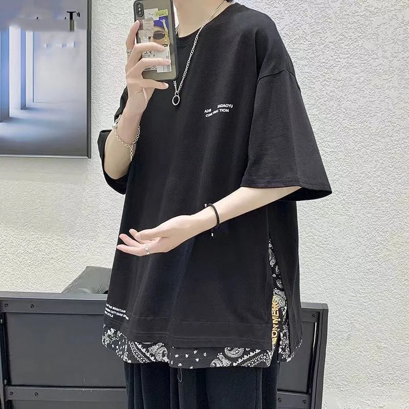 Rua casual moda solta pullovers retalhos camisetas de manga curta homem primavera verão fino com capuz em torno do pescoço roupas masculinas