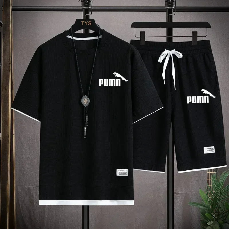 Roupas masculinas joggers define duas peças waffle 2024 verão casual manga curta esportes moda terno para homem roupas de luxo eua