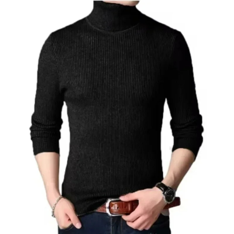 Suéter Masculino De Manga Comprida De Gola Alta Listrado De Malha Oversized Para Outono E Inverno, Suéter Casual De Negócios De Cor Sólida Masculina
