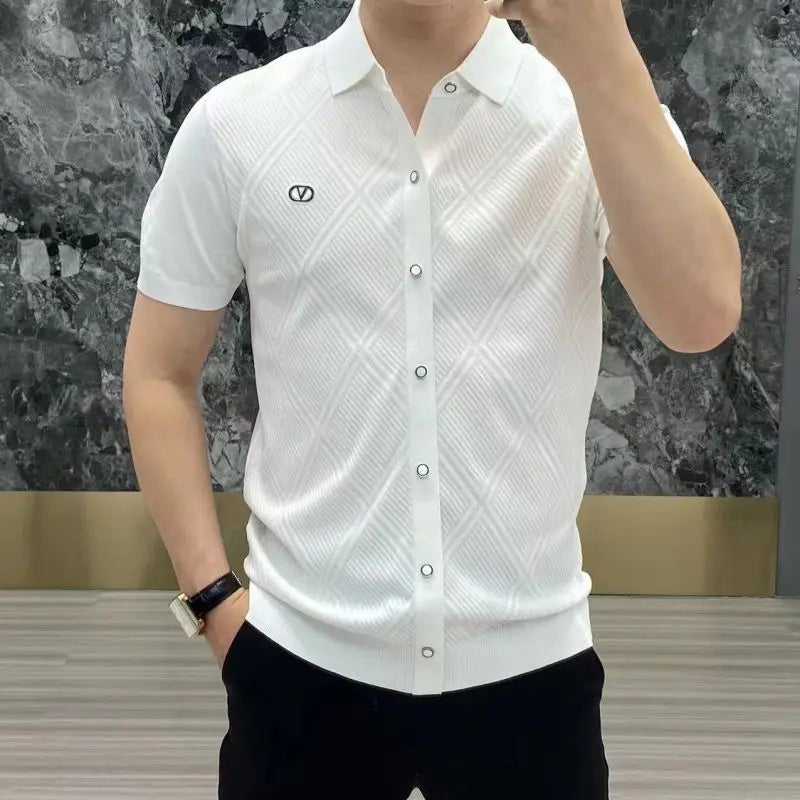 Primavera verão nova casual versátil roupas masculinas moda impressa splice botões simplicidade commuter camisa de manga curta