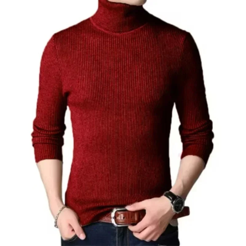 Suéter Masculino De Manga Comprida De Gola Alta Listrado De Malha Oversized Para Outono E Inverno, Suéter Casual De Negócios De Cor Sólida Masculina