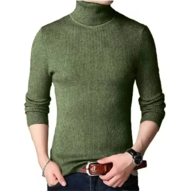Suéter Masculino De Manga Comprida De Gola Alta Listrado De Malha Oversized Para Outono E Inverno, Suéter Casual De Negócios De Cor Sólida Masculina