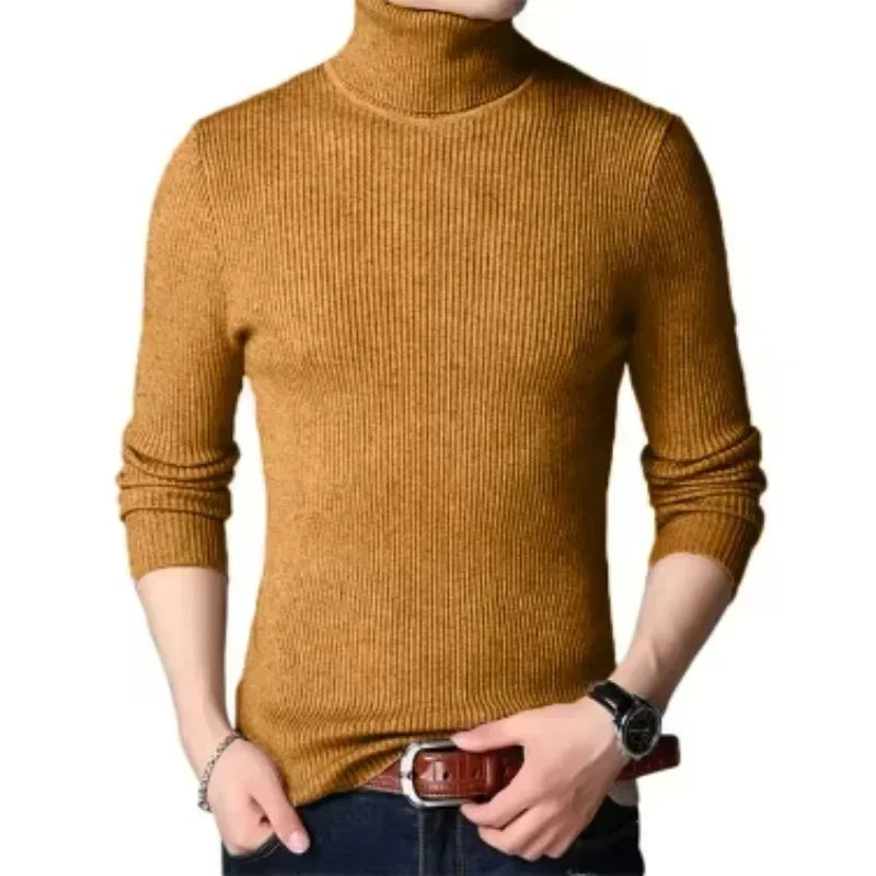 Suéter Masculino De Manga Comprida De Gola Alta Listrado De Malha Oversized Para Outono E Inverno, Suéter Casual De Negócios De Cor Sólida Masculina