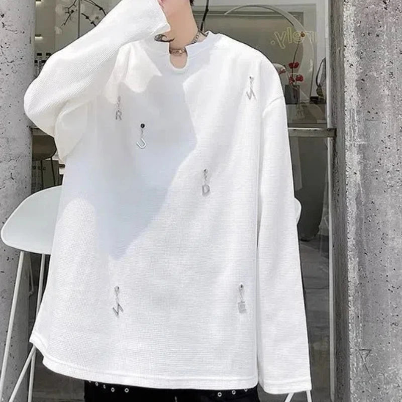 Primavera outono nova moda com decote em v manga longa cor sólida camisetas roupas masculinas pullovers tendência bordado flares solto topos
