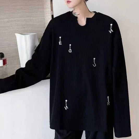 Primavera outono nova moda com decote em v manga longa cor sólida camisetas roupas masculinas pullovers tendência bordado flares solto topos