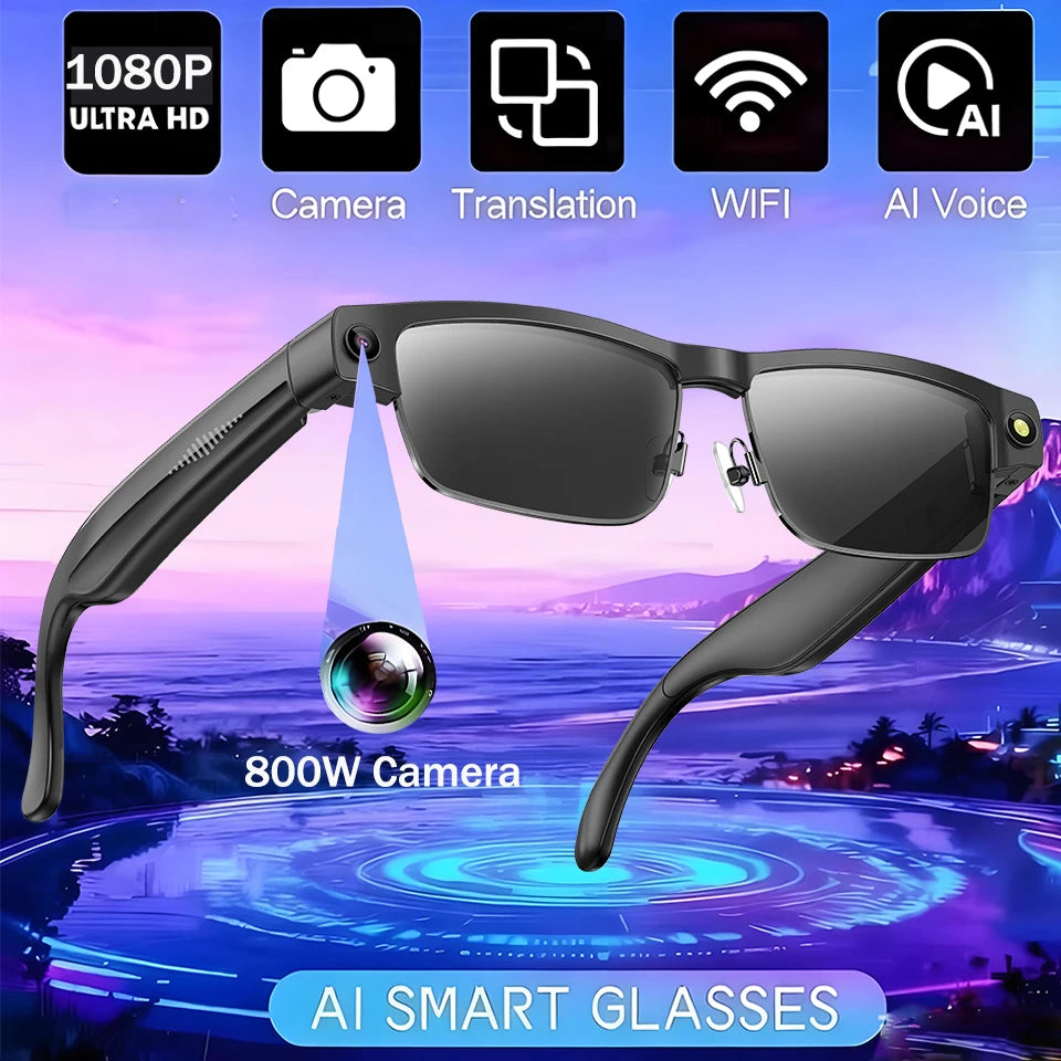 AI Smart Glasses with 1080P Camera, 8MP HD Camera Glasses-Anti-Shake Video Recording, Multi Language Translate, Smart Sunglass