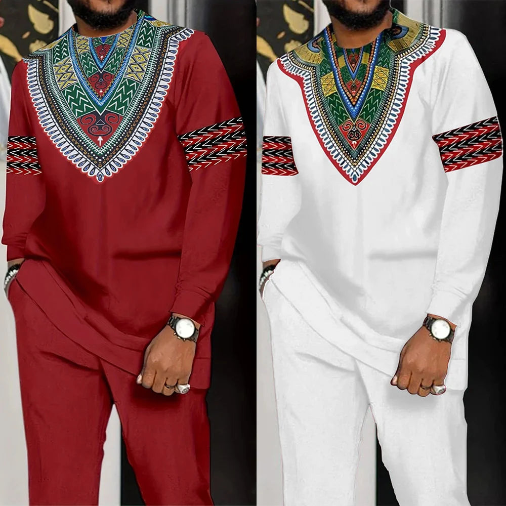 Ternos africanos de alta qualidade dashiki para homens-manga longa outono e inverno novos conjuntos versáteis de 2 peças com tecido respirável