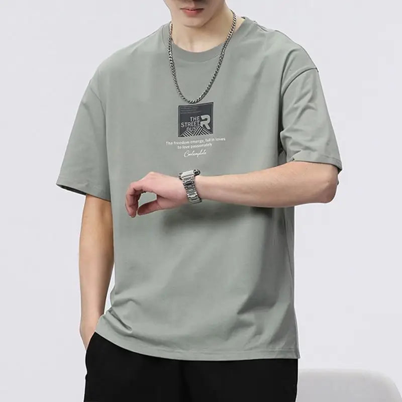 Roupas masculinas manga curta impressão generosa simplicidade bonito em torno do pescoço pullovers solto cor sólida moda casual camisetas