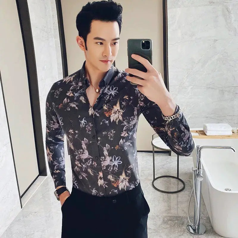 Primavera outono nova moda turn-down colarinho manga longa impressão blusa roupas masculinas magro all-match botão camisas de tendência coreana