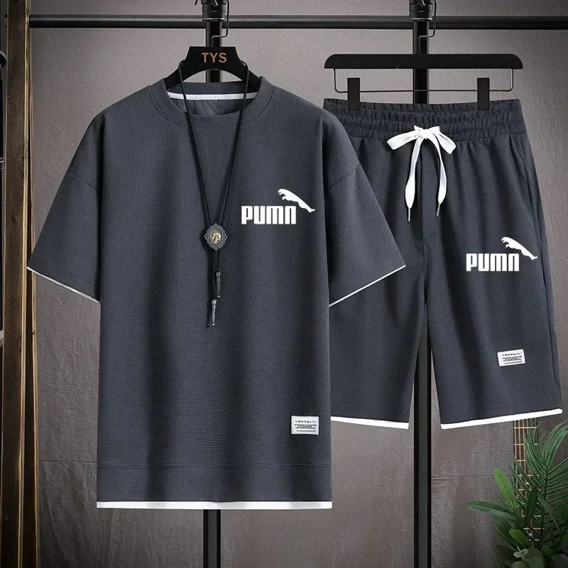 Roupas masculinas joggers define duas peças waffle 2024 verão casual manga curta esportes moda terno para homem roupas de luxo eua