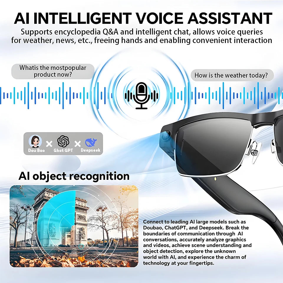 AI Smart Glasses with 1080P Camera, 8MP HD Camera Glasses-Anti-Shake Video Recording, Multi Language Translate, Smart Sunglass