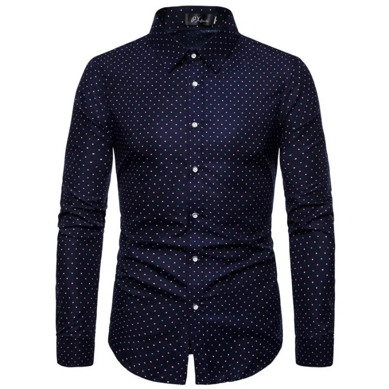 Primavera outono nova moda turn-down colarinho manga longa bolinhas blusa roupas masculinas magro all-match botão camisas de tendência coreana