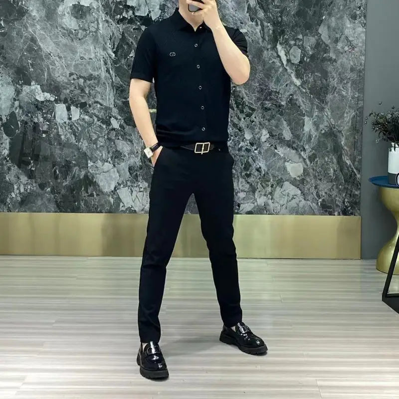 Primavera verão nova casual versátil roupas masculinas moda impressa splice botões simplicidade commuter camisa de manga curta
