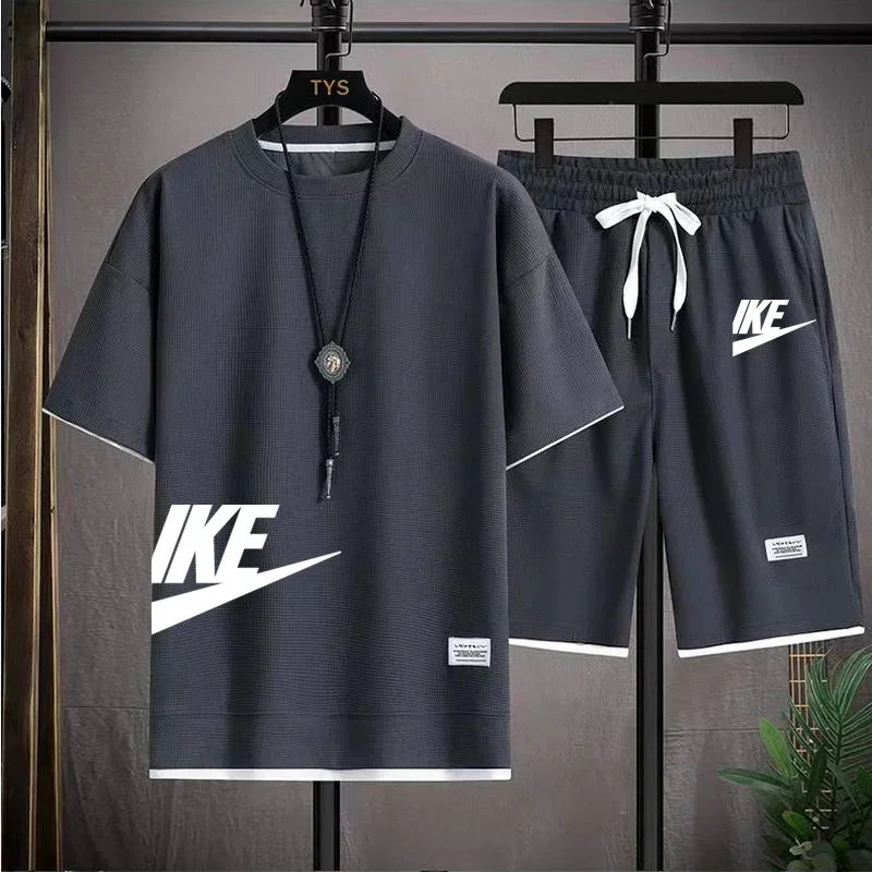 Roupas masculinas de verão, moda respirável, fitness, basquete, esportes, camiseta de manga curta + shorts de corrida, conjunto de duas peças