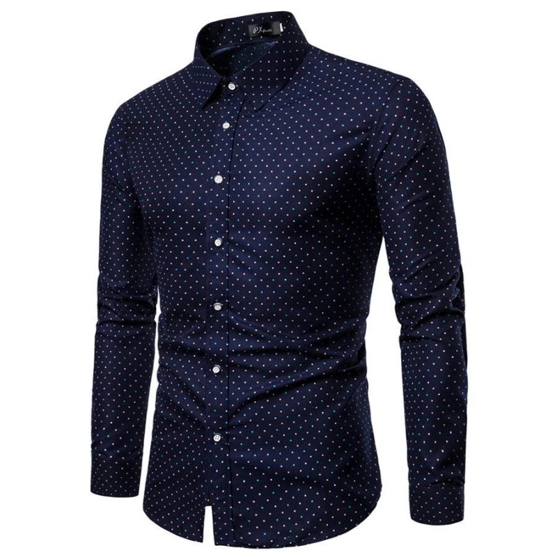 Primavera outono nova moda turn-down colarinho manga longa bolinhas blusa roupas masculinas magro all-match botão camisas de tendência coreana