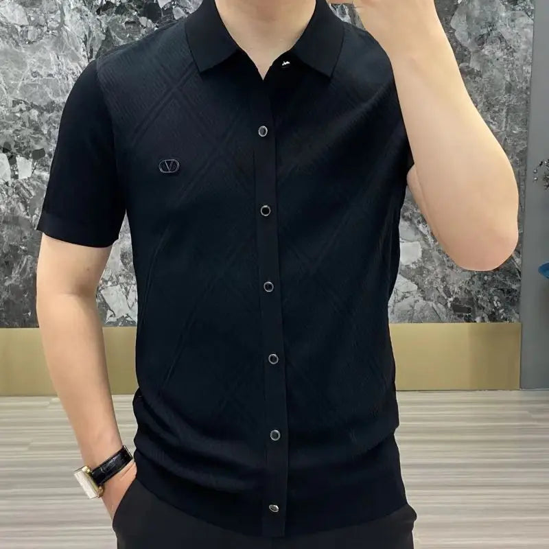 Primavera verão nova casual versátil roupas masculinas moda impressa splice botões simplicidade commuter camisa de manga curta