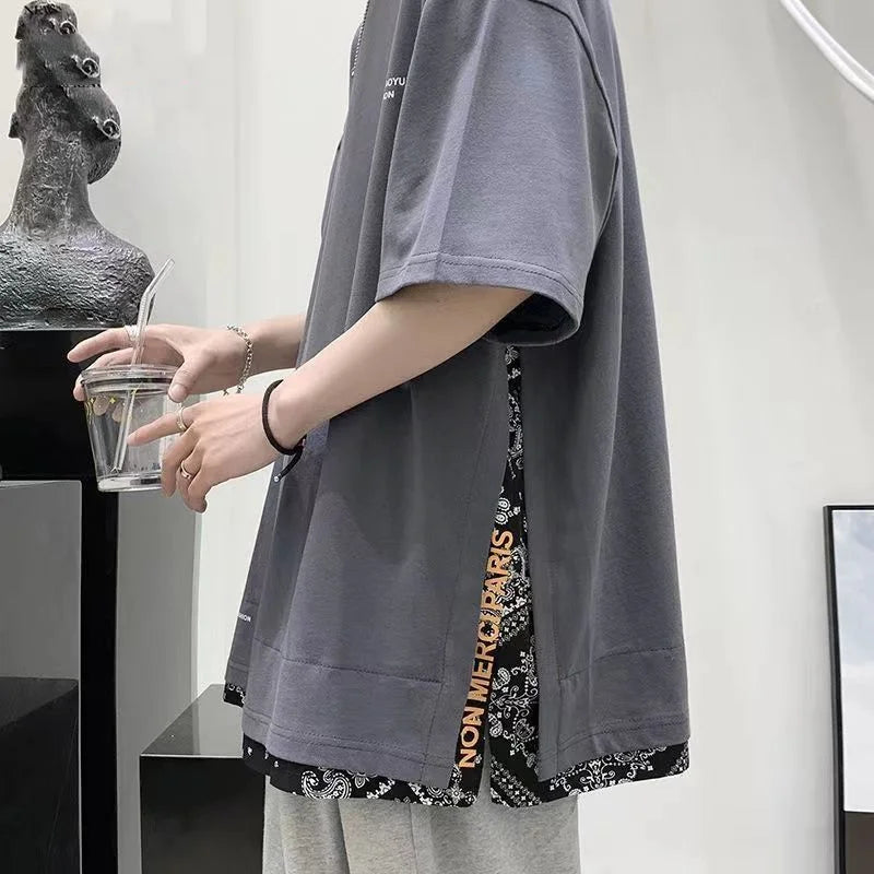 Rua casual moda solta pullovers retalhos camisetas de manga curta homem primavera verão fino com capuz em torno do pescoço roupas masculinas