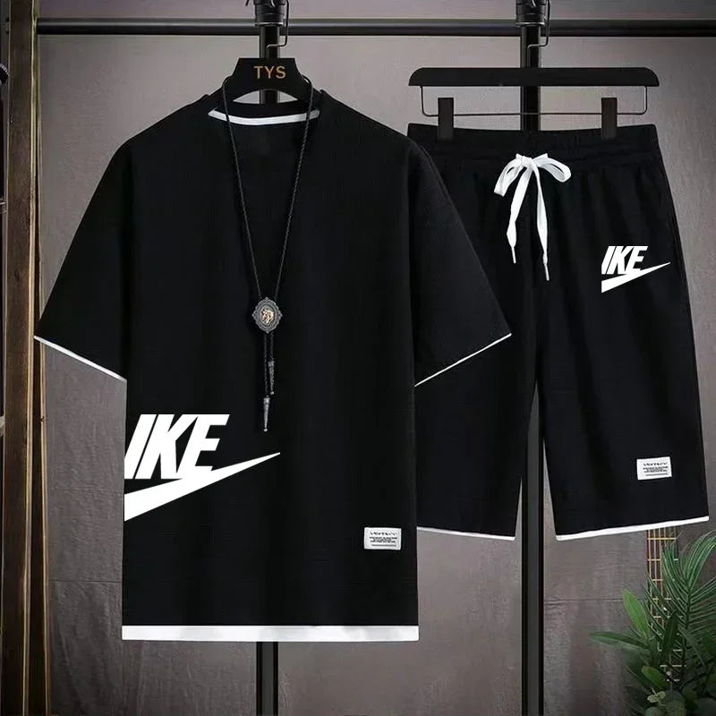 Roupas masculinas de verão, moda respirável, fitness, basquete, esportes, camiseta de manga curta + shorts de corrida, conjunto de duas peças