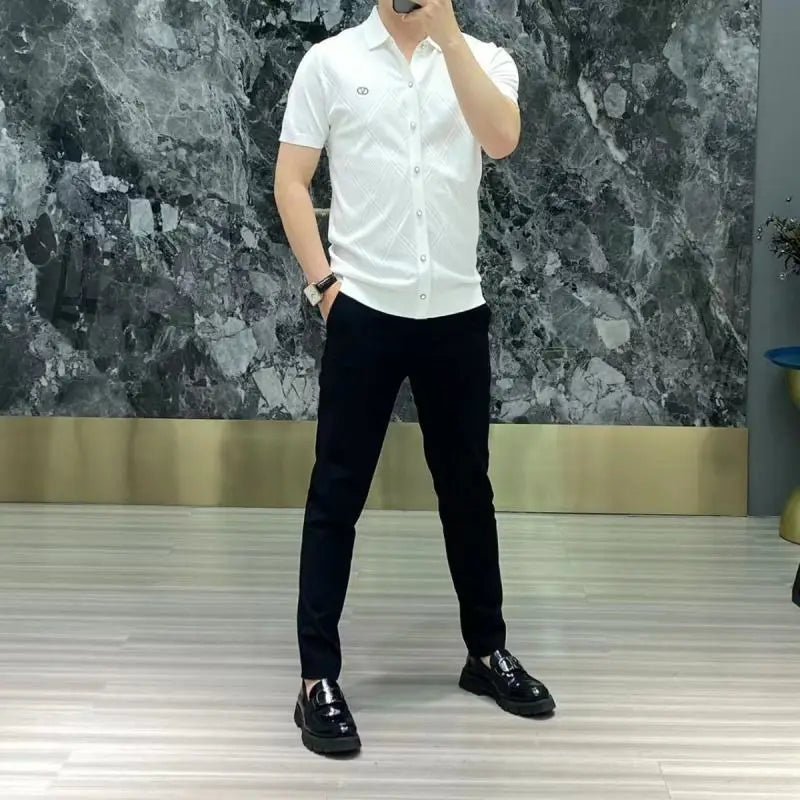 Primavera verão nova casual versátil roupas masculinas moda impressa splice botões simplicidade commuter camisa de manga curta